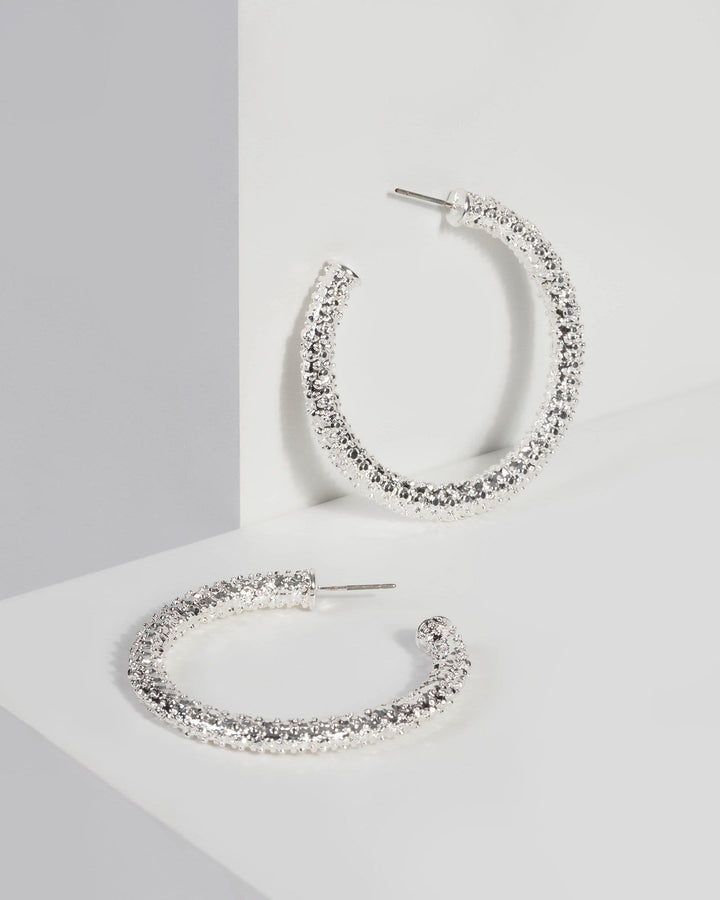 Silver Textured Chunky Hoop Earrings | Earrings