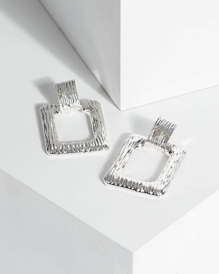 Silver Textured Metal Rectangle Drop Earrings | Earrings