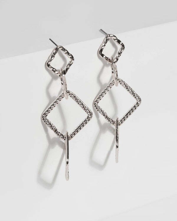 Silver Textured Square Drop Earrings | Earrings