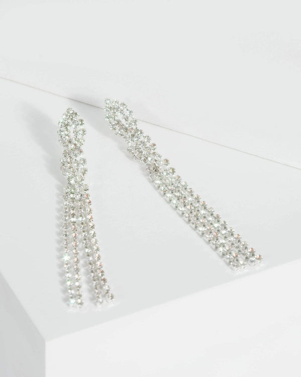 Silver Thin Crossover Diamante Tassel Drop Earrings | Earrings