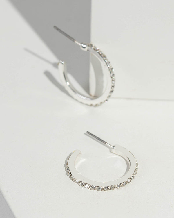 Silver Thin Diamante C Hoop Earrings | Earrings