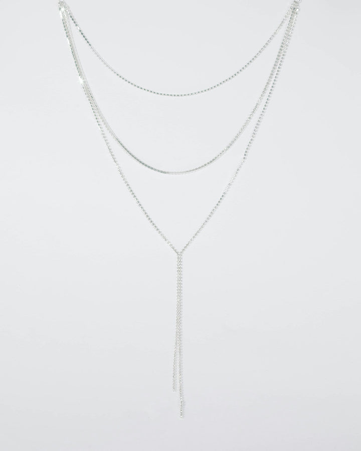 Silver Thin Diamante Multi Layer Lariat Necklace | Necklaces