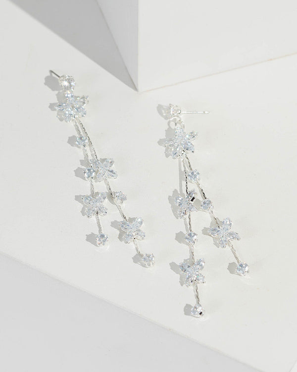 Silver Thin Row Crystal Detail Drop Earrings | Earrings