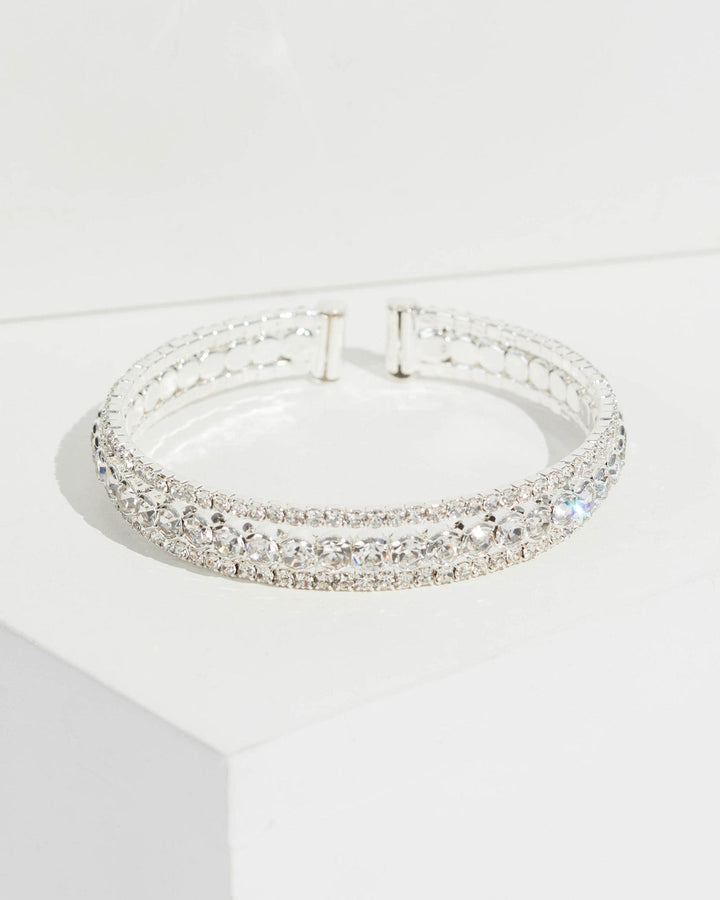 Silver Three Stone Row Cuff Bracelet | Wristwear