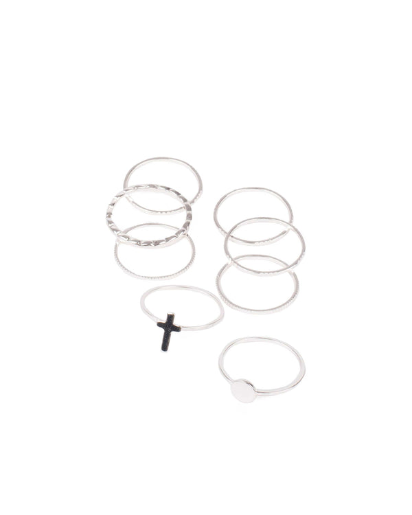 Silver Tone Cross And Disc Metal Ring Set - Large | Rings