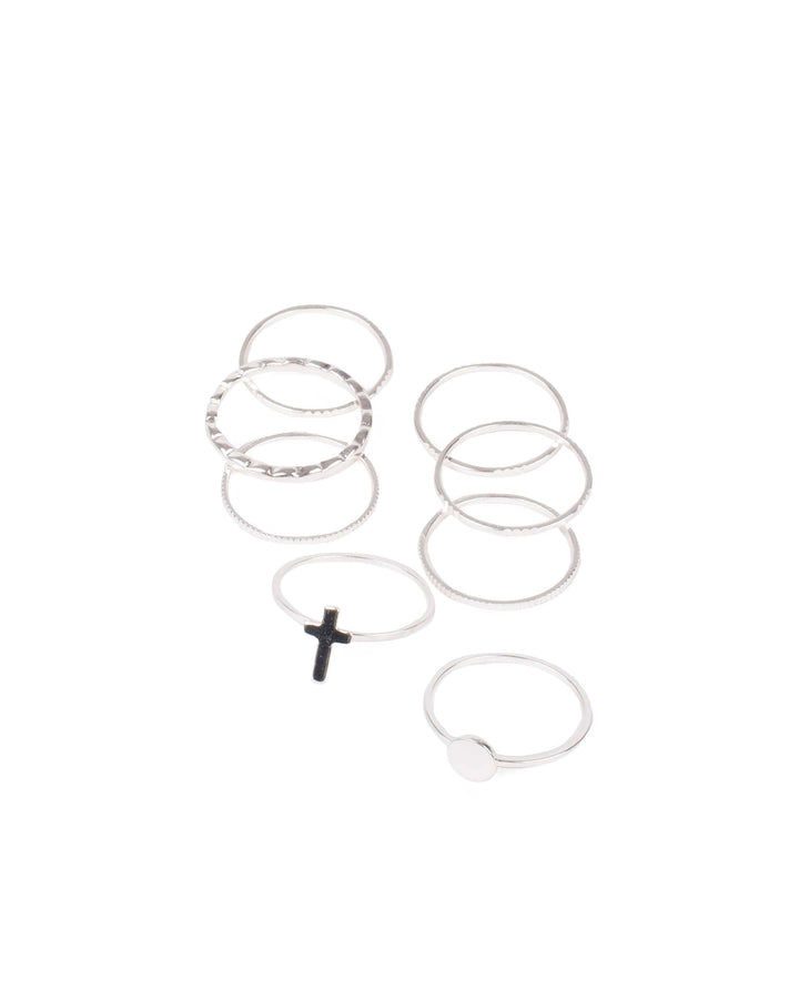 Silver Tone Cross And Disc Metal Ring Set - Small | Rings