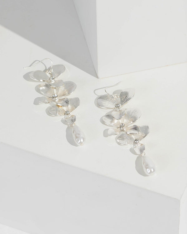 Silver Triple Flower Crystal Drop Earrings | Earrings
