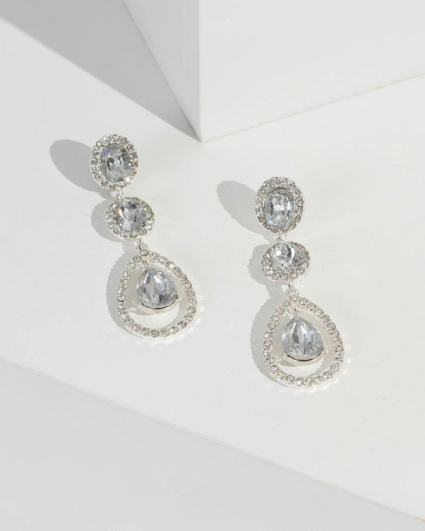 Silver Triple Row Crystal Drop Earrings | Earrings