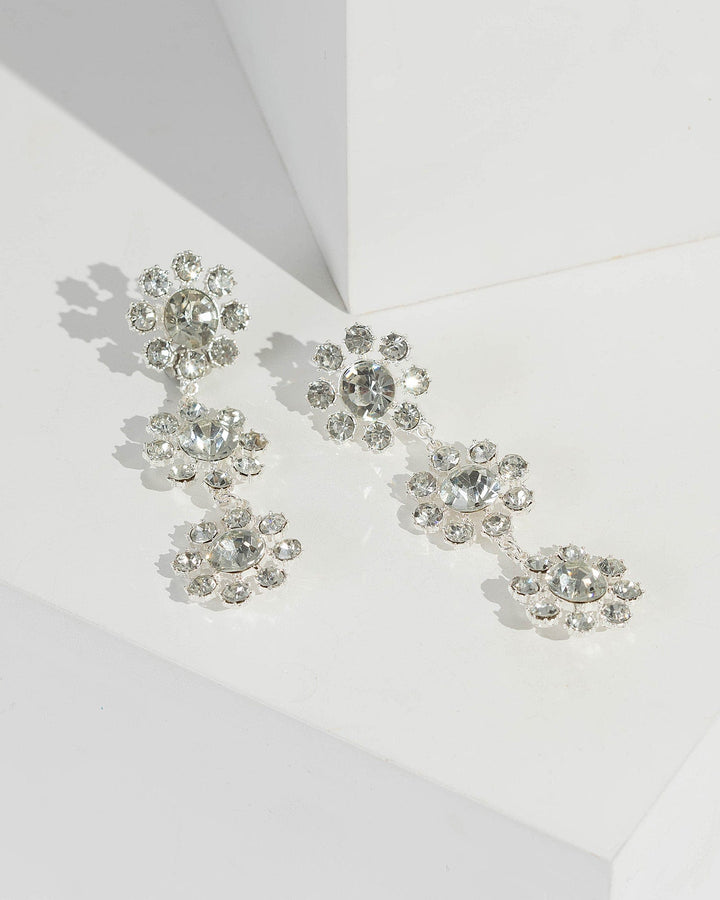 Silver Triple Row Crystal Flower Drop Earrings | Earrings