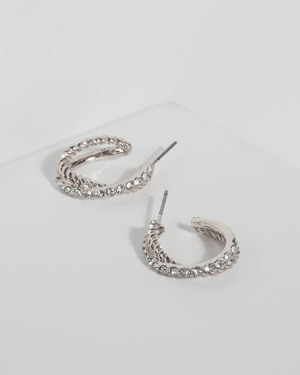 Silver Twisted Diamante Hoop Earrings | Earrings