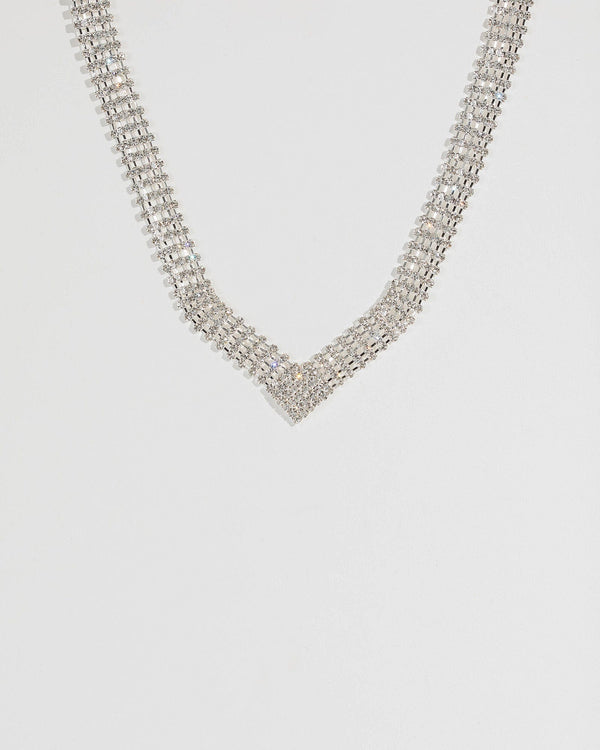 Silver Wide Diamante Cup Chain Point Necklace | Necklaces