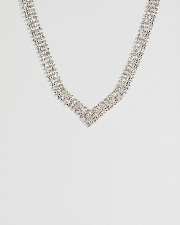 Silver Wide Diamante Cup Chain Point Necklace | Necklaces