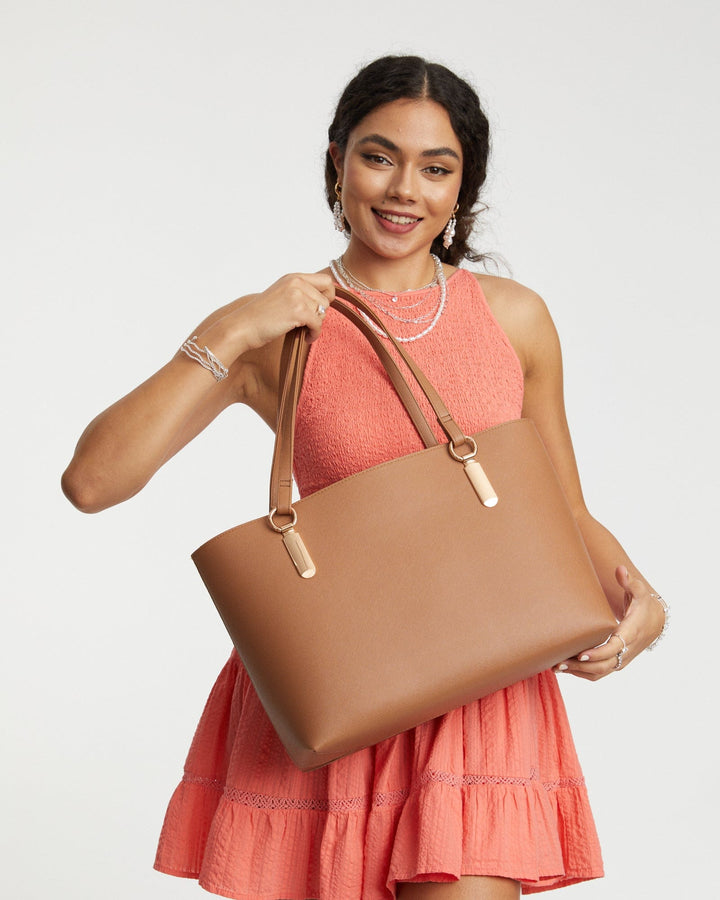 Tan Angelina Tote Bag With Gold Hardware | Tote Bags