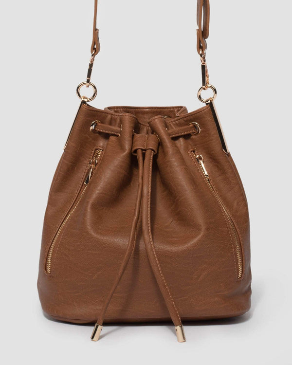 Tan Giselle Hardware Drawstring Bag | Bucket Bags