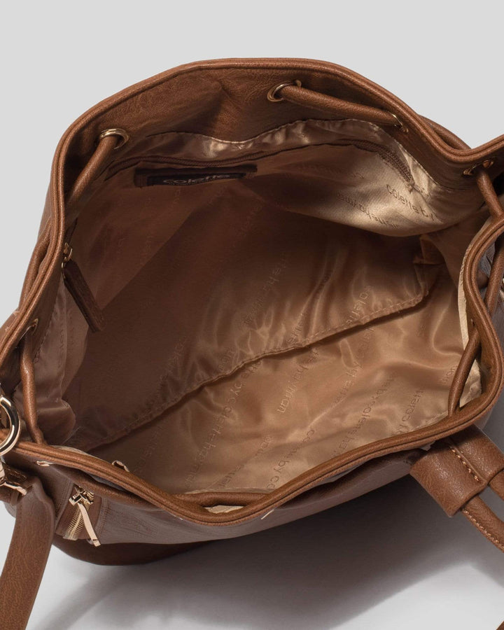 Tan Giselle Hardware Drawstring Bag | Bucket Bags