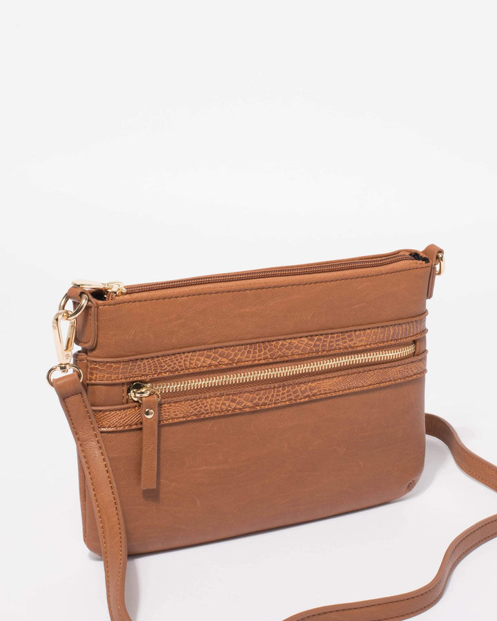 Tan Large Zip Pocket Crossbody Bag | Crossbody Bags
