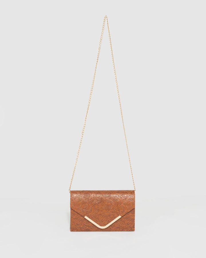 Tan Lila Emboss Clutch Bag | Clutch Bags