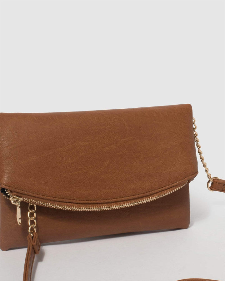 Tan Smooth Zoe Foldover Clutch Bag With Gold Hardware | Clutch Bags