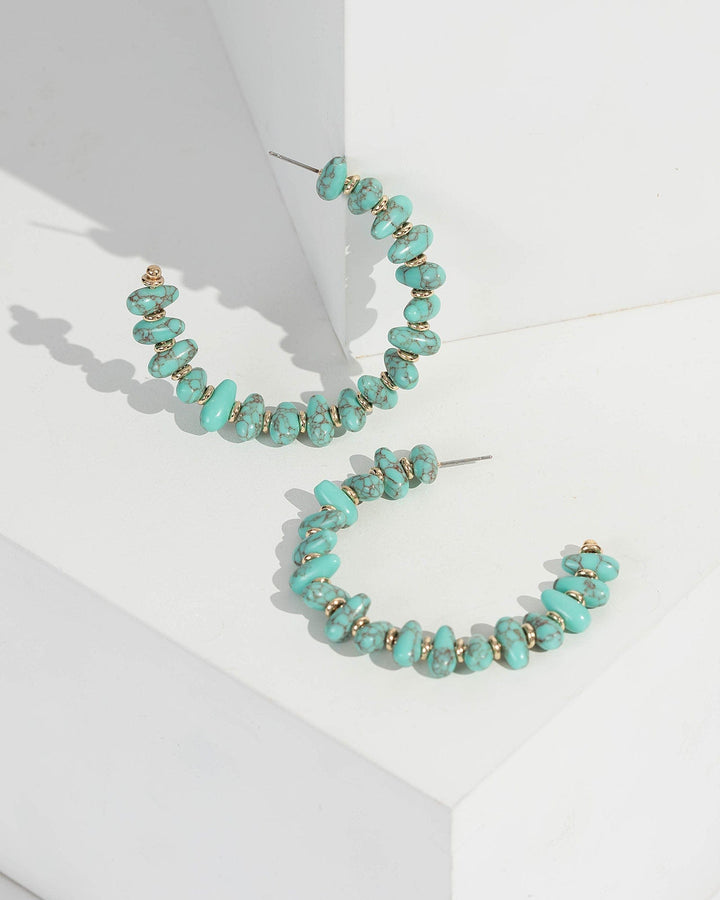 Turquoise Stone Look Detailed Hoop Earrings | Earrings