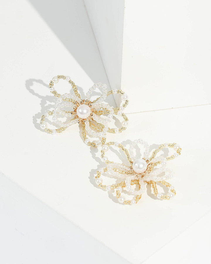 White Beaded Flower Stud Earrings | Earrings