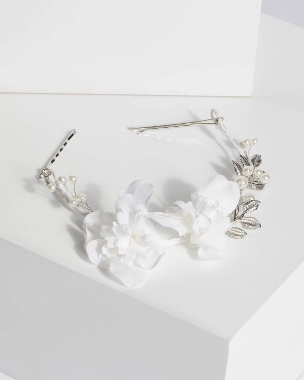 White Floral Leafy Clip Headband | Hair Accessories