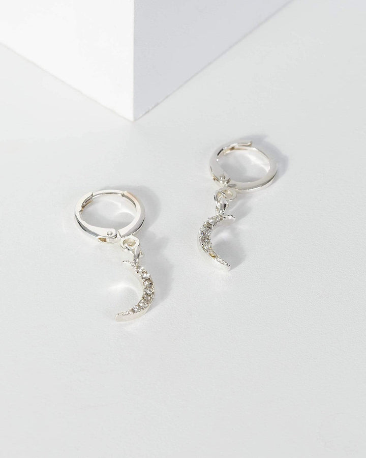 White Gold Diamante Half Moon Charm Earrings | Earrings