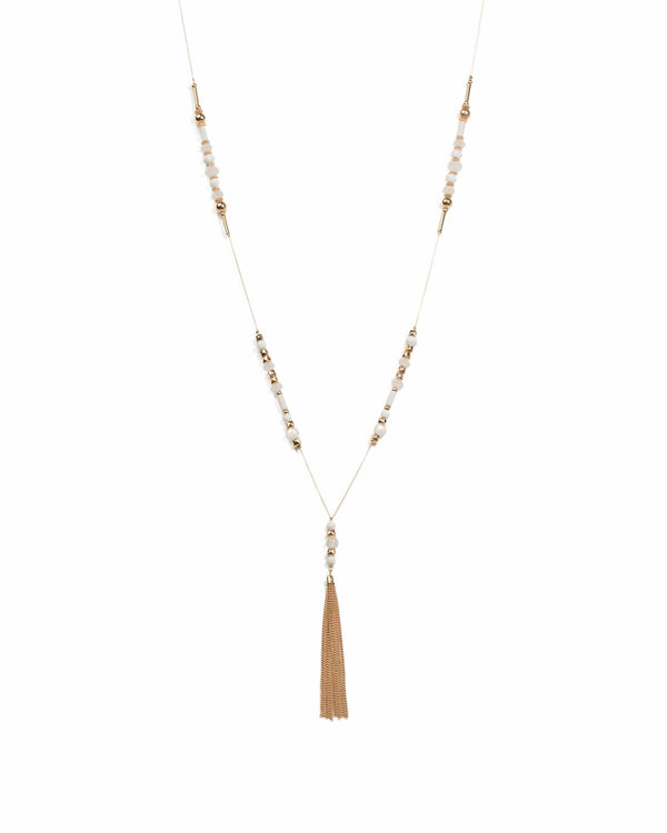 White Gold Tone Beaded Stationed Tassel Necklace | Necklaces
