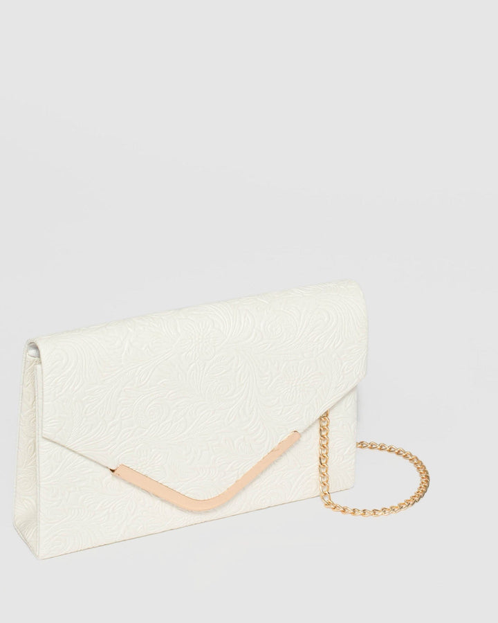 White Lila Emboss Clutch Bag | Clutch Bags