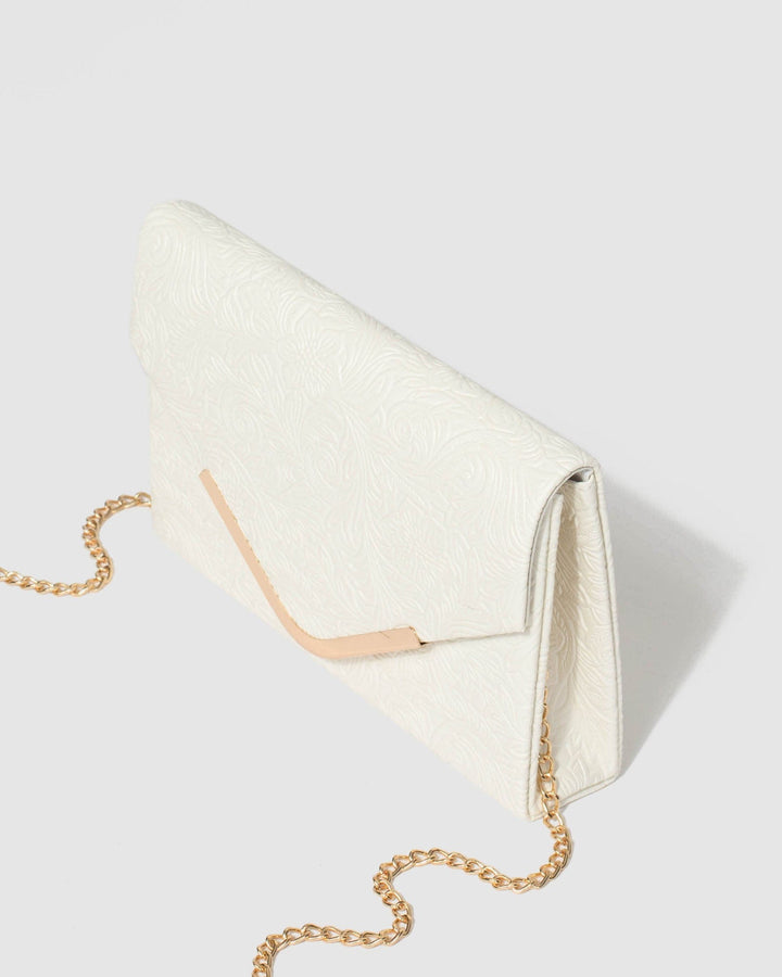 White Lila Emboss Clutch Bag | Clutch Bags