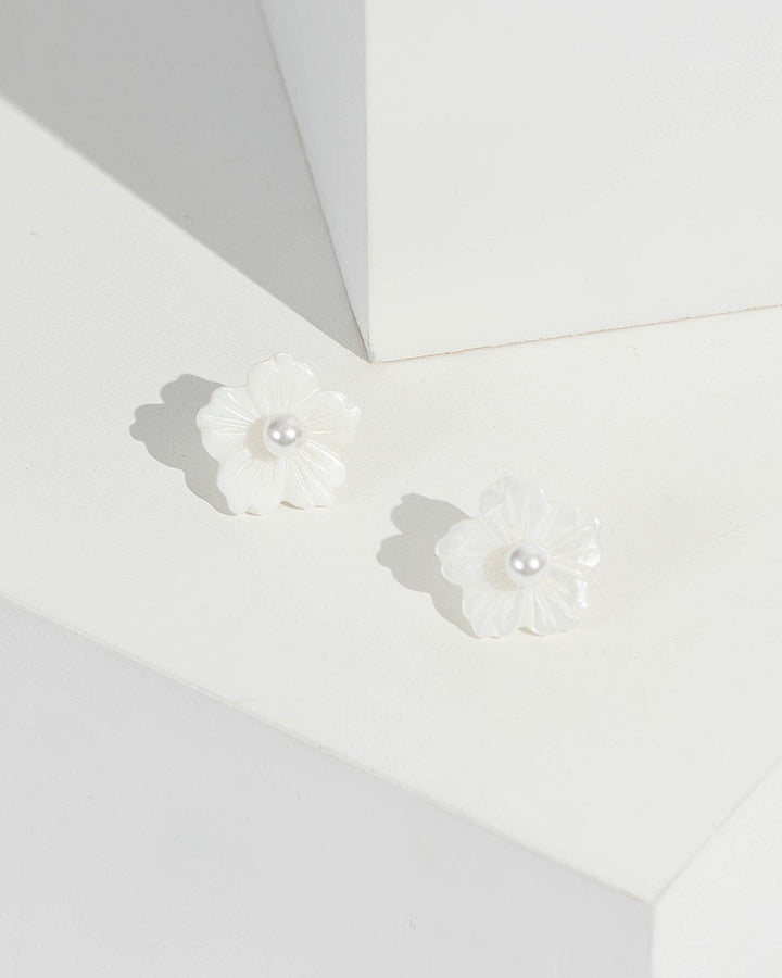White Pearl Flower Stud Earrings | Earrings