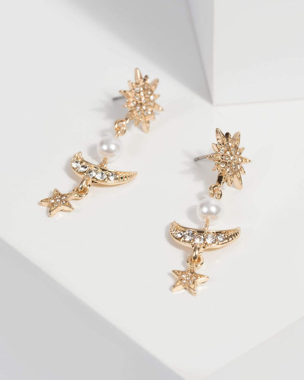 White Pearl Star Moon Drop Earrings | Earrings