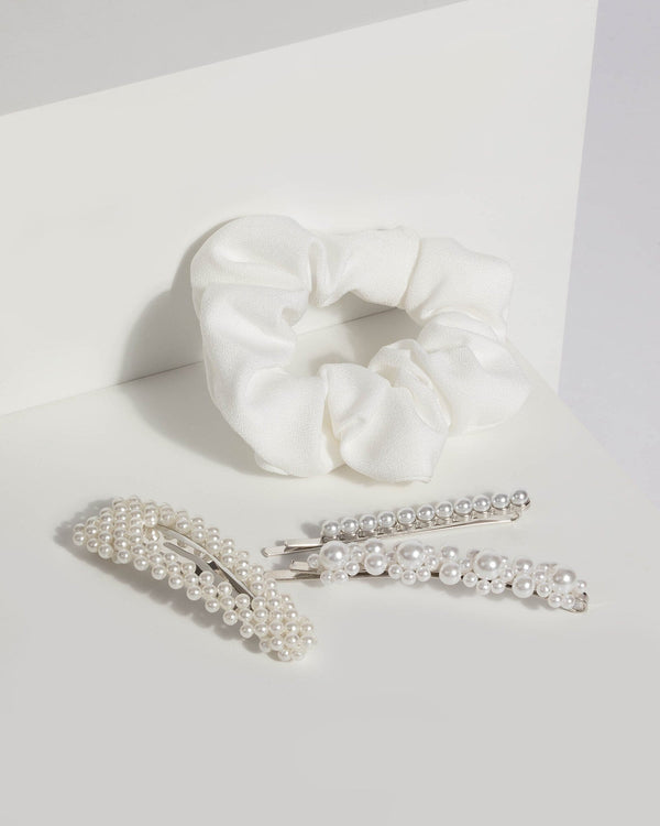 White Scrunchie and Pearl Clip | Hair Accessories