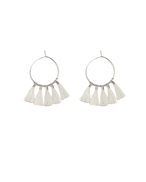 White Silver Tone Tassel Hoop Hoop Earrings | Earrings