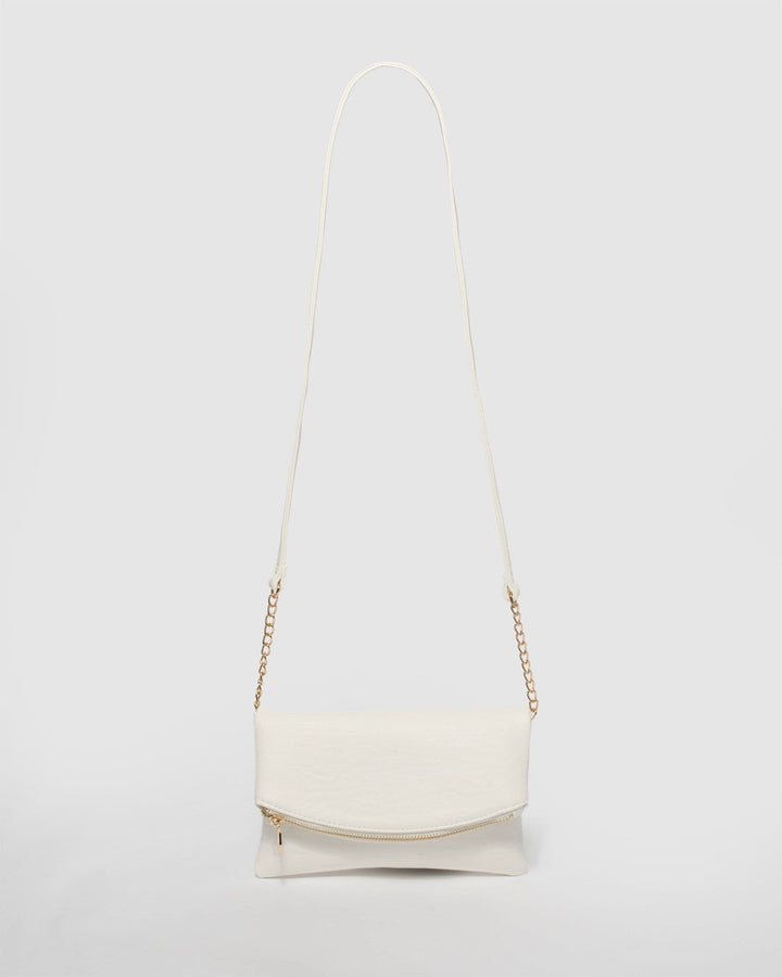 White Smooth Zoe Foldover Clutch Bag With Gold Hardware | Clutch Bags