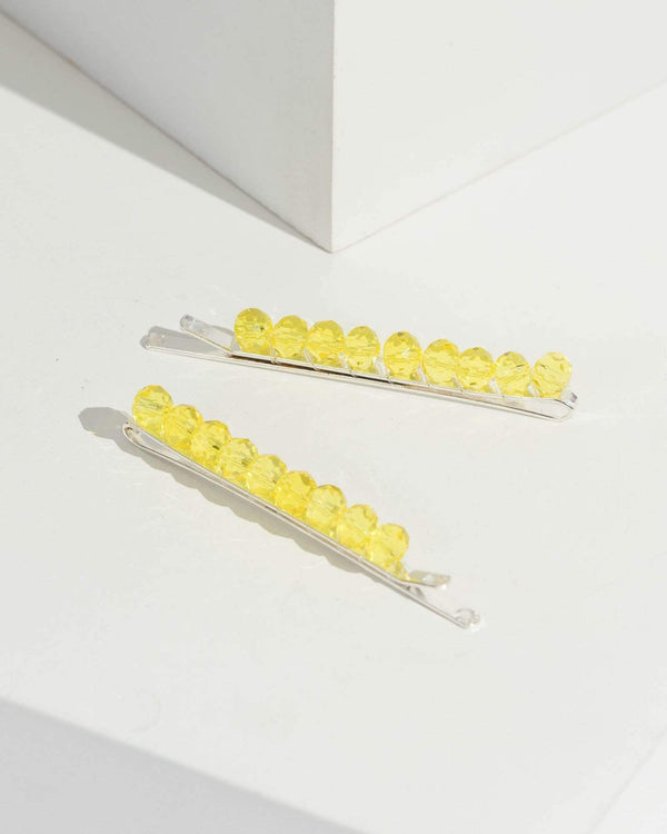 Yellow 2 Pack Crystal Row Hair Slides | Hair Accessories