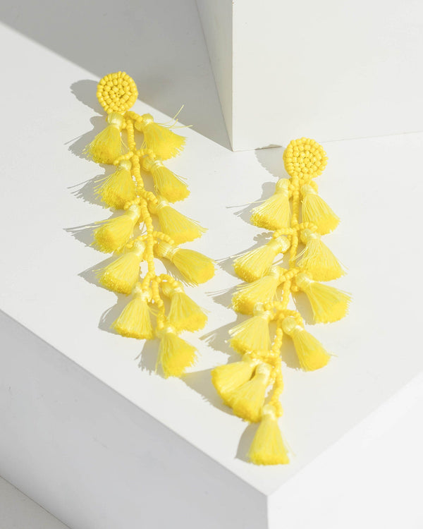 Yellow Beaded Tassel Drop Statement Earrings | Earrings