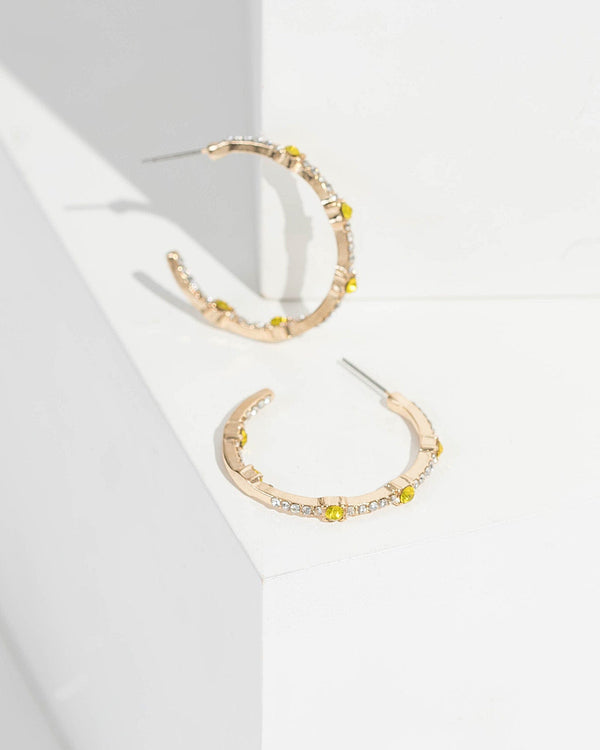 Yellow Multi Round Crystal Detail Hoop Earrings | Earrings